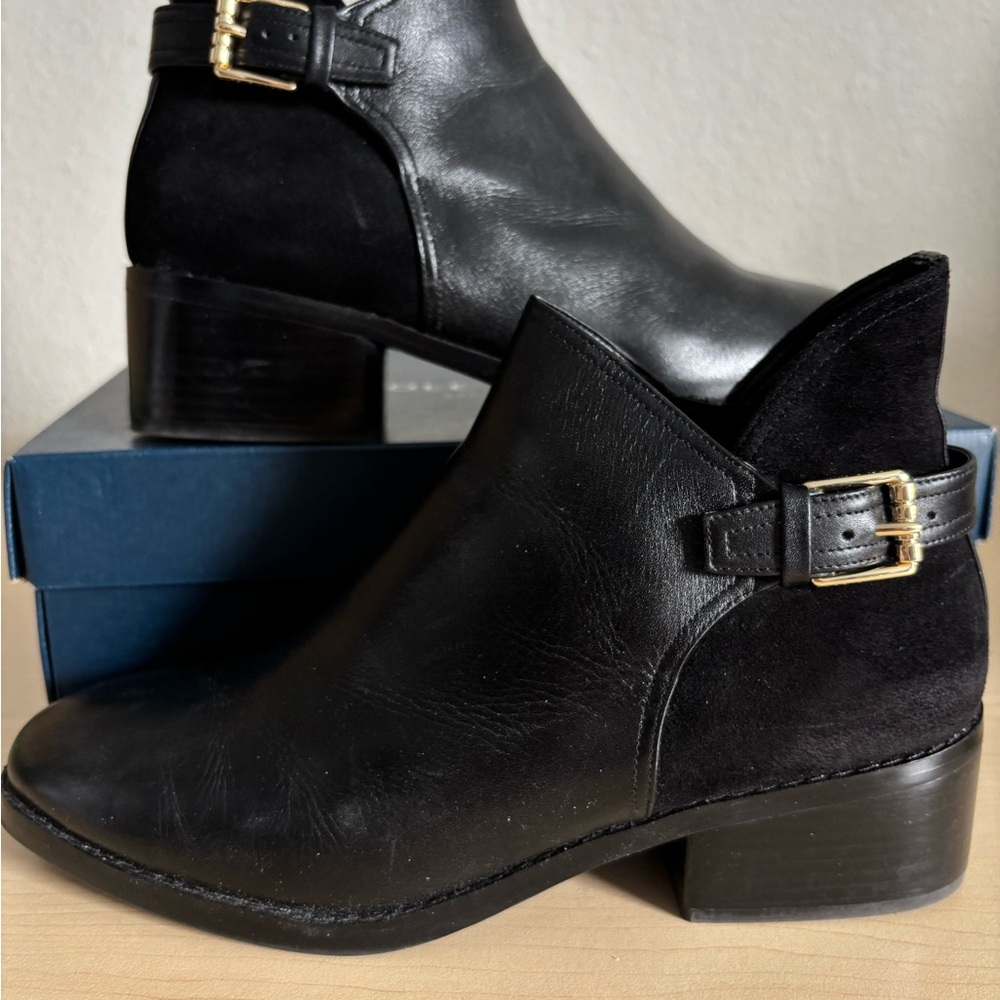 Cole Haan Black Leather Ankle Boot with Gold Buckle Accent - Picture 6 of 12